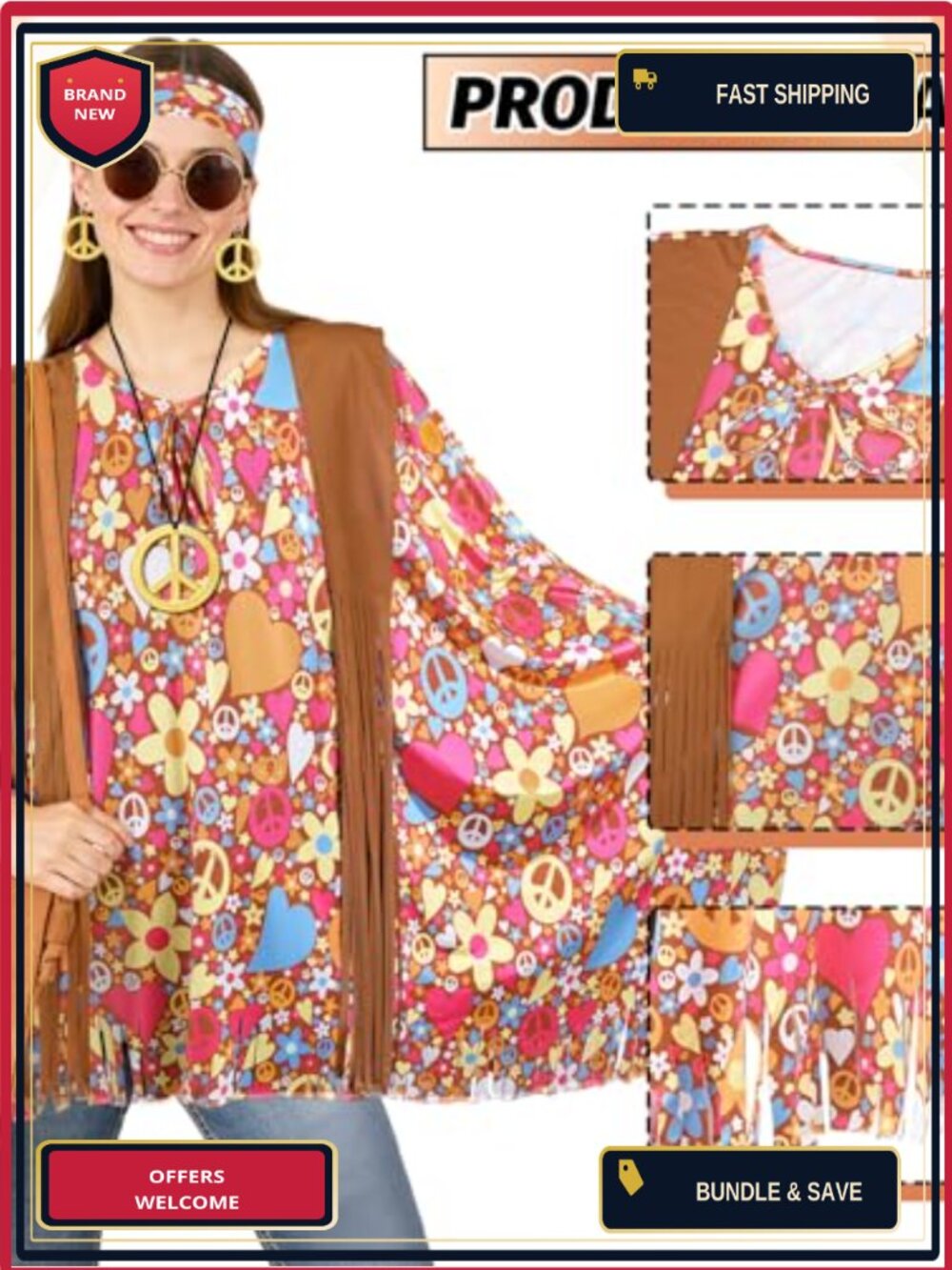 70s Hippie Costume Set Tie Dye Poncho Fringe Bag Headband